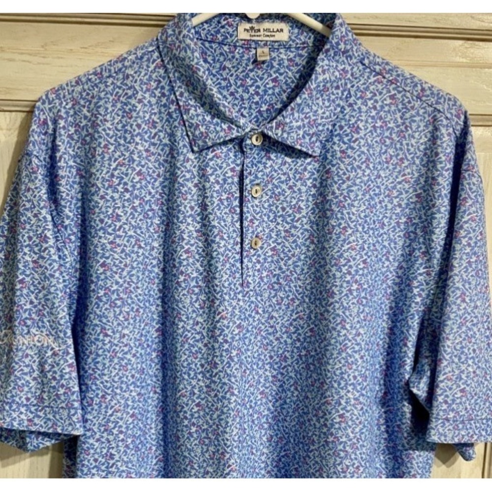Peter Millar Summer Comfort Men's Large Polo Bird Print Shirt EUC Reunion Arm